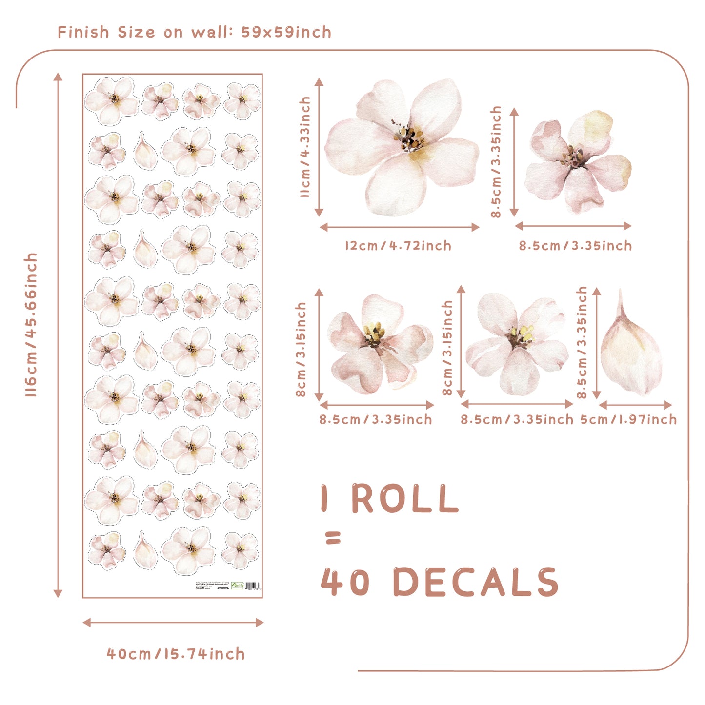 Autocollants muraux en vinyle - Fleurs roses pâles - Beige avoine