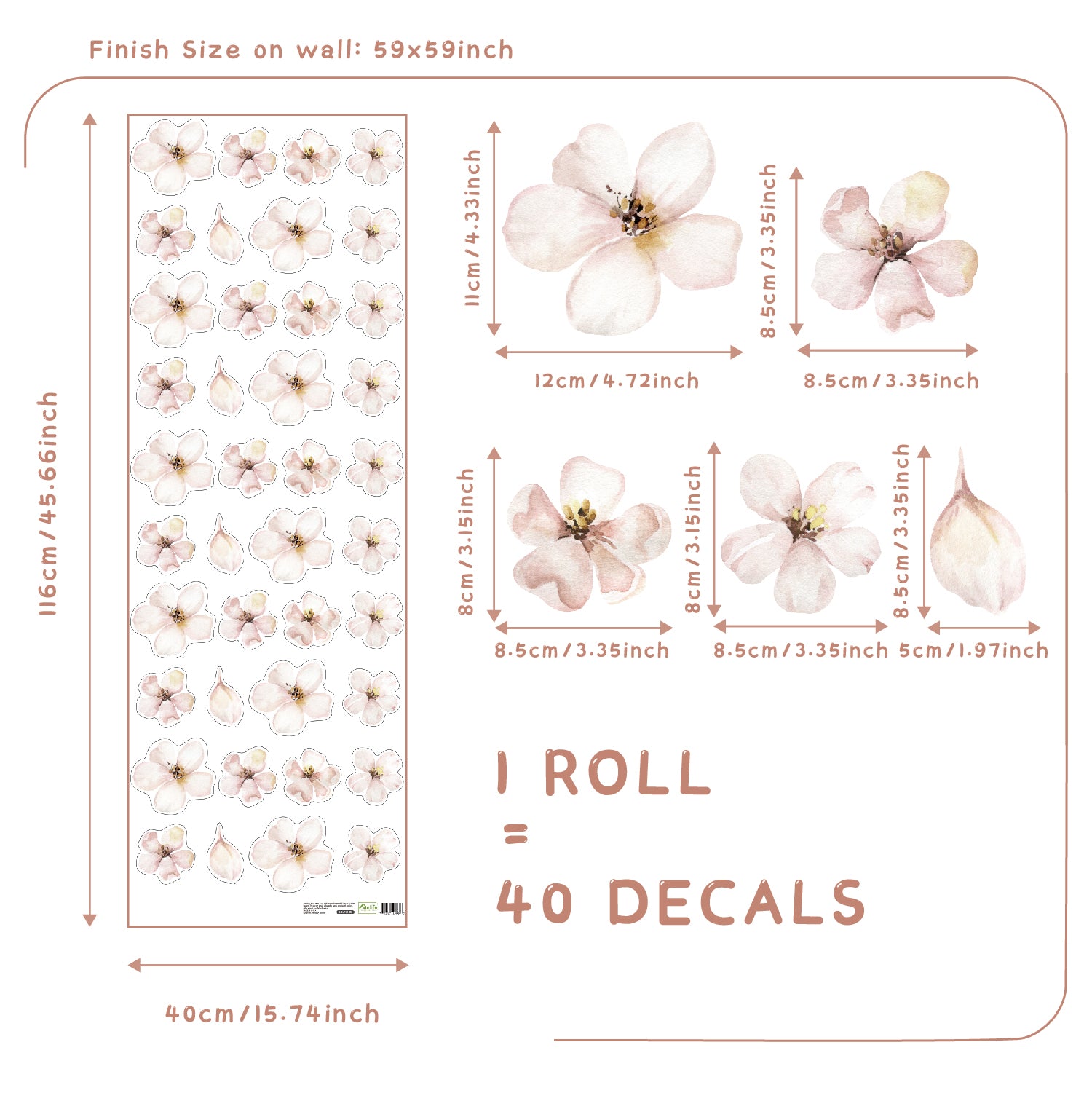 Autocollants muraux en vinyle - Fleurs roses pâles - Beige avoine